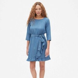 Gap Blue Tie Waist Ruffle Hem Casual Dress Size M Womens Spring Day Chic